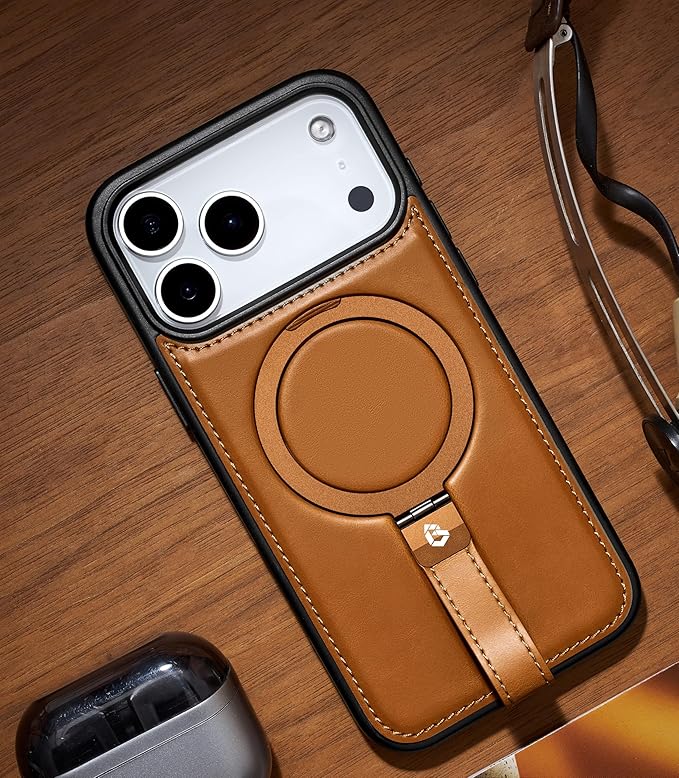 Butaiga for iPhone 17 Pro Max Leather Case with Stand, Anti-Slip Grip Ring, Fits for MagSafe (Brown, iPhone 17 Pro Max)