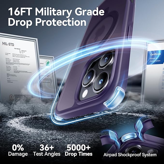 CASEKOO Ultra-Magnetic Stand for iPhone 16 Pro Case [Military Drop Protection] [Compatible with MagSafe] Shockproof Translucent Matte Slim Ring Holder Case for iPhone 16 Pro 6.3", Purple