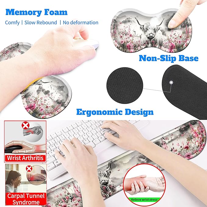 4-Piece Extended Large Mouse Pad Set for Women Men with Highland Cow Design Includes 35.4 x 15.7 XXL Large Mouse Pad Keyboard Wrist Rest Mouse Wrist Support and Coaster for Office Home