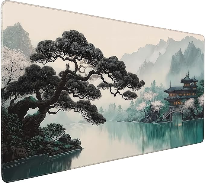 XXL Desk Mat Mouse Pad, Ink Wash Cherry Blossom Design, Washable Rubber Anti-Slip, Stitched Edges, 35.4 x 15.7 Inches, Rectangular, for Computer Work Gaming