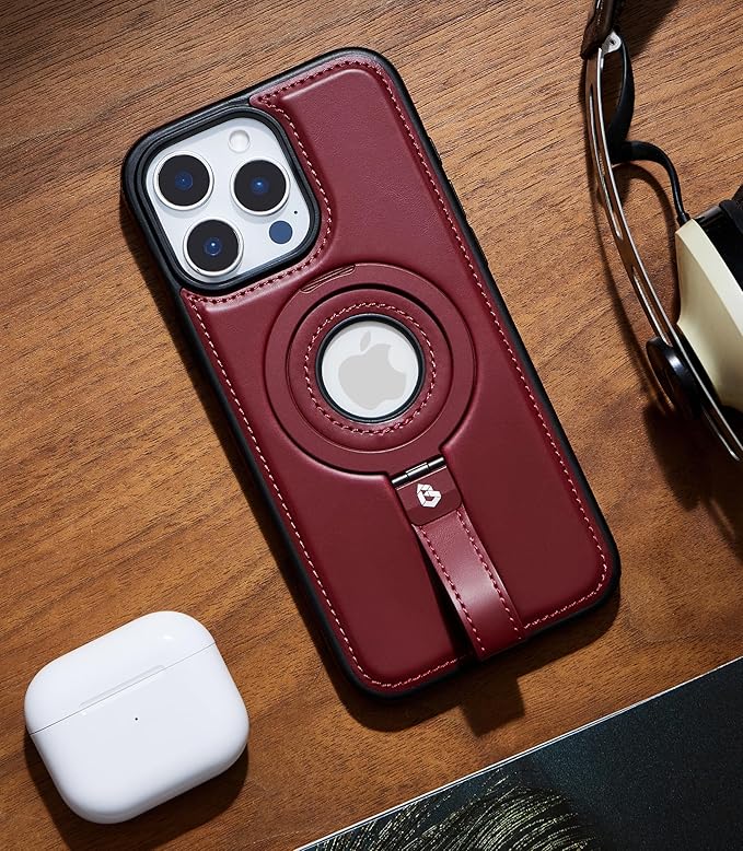 Butaiga for iPhone 12 / iPhone 12 Pro Leather Case with Stand, Anti-Slip Grip Ring, Fits for MagSafe (Burgundy, iPhone 12/12 Pro)