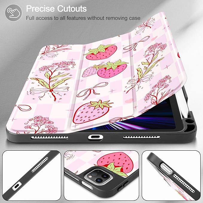 May Chen Case for iPad Pro 11 inch (4th, 3rd, 2nd & 1st Gen) 2022 2021 2020 2018,Trifold Stand with Auto Wake/Sleep Soft TPU Protective Stand Back Cover, Strawberry Bow