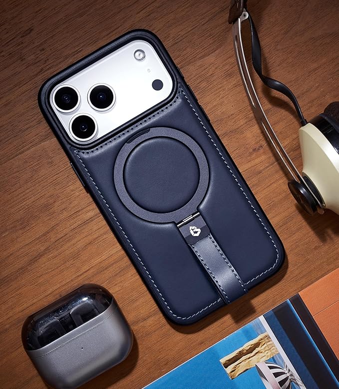 Butaiga for iPhone 17 Pro Max Leather Case with Stand, Anti-Slip Grip Ring, Fits for MagSafe (Blue, iPhone 17 Pro Max)