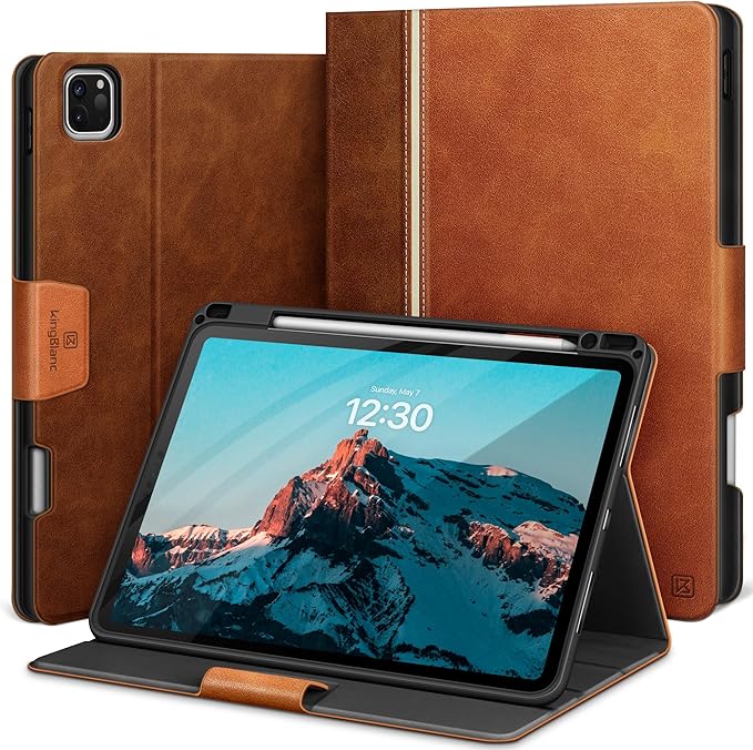 KingBlanc Case for iPad Pro 13 inch (M5 2025/M4 2024) with Pencil Holder, Vegan Leather Stand Cover, Auto Sleep/Wake, Support Pencil Pro/(USB-C), Viewing/Writing Angles, Vintage Notebook Style,Brown