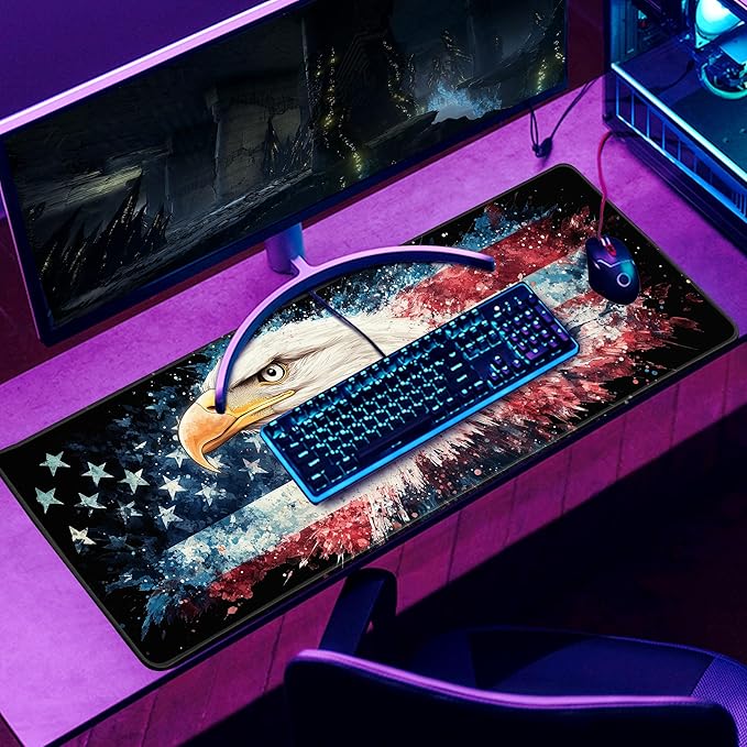 American Flag Eagle Mouse Pad Gaming Desk Pad Independence Day Extra Large XL Mousepad (31.5x11.8 in), Desk Mat Pad Home Office Decor Stitched Edges Smooth Surface Non-Slip Bottom Mat
