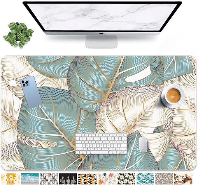 Britimes Large Gaming Mouse Pad Blue Luxury Palm Leaves Non-Slip Desk Pad Keyboard and Mouse Desk Mat for Gamer, Office & Home, 31.5 x 15.7 in