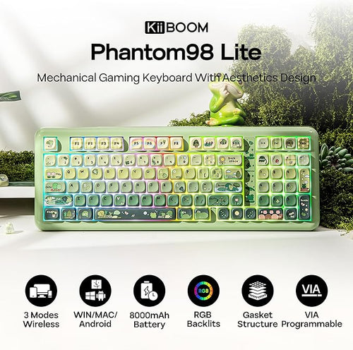 KiiBoom Phantom98 Lite 96% Wireless Mechanical Gaming Keyboard, VIA Programmable, Creamy Keyboard with Gasket, 8000mAh Battery, Hot Swap, RGB Backlits, NKRO for Win/Mac (Green, Mossy Silent Switch)