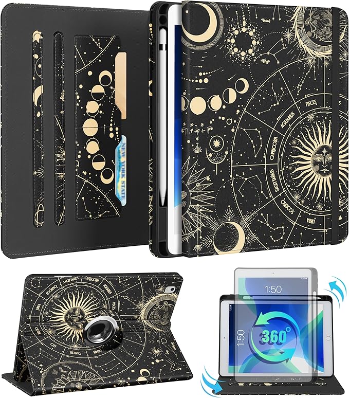 Kidcube for iPad Air 3rd Generation Case/Pro 10.5 Inch Case - Women Girls Cute Rotating Stand Folio Cover with Pencil Holder & Card Slot Girly Sun Moon Stars Design Cover for iPad Pro 10.5''/Air 3rd