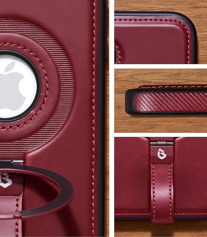Butaiga for iPhone 16 Leather Case with Stand, Anti-Slip Grip Ring, Fits for MagSafe (Burgundy, iPhone 16)