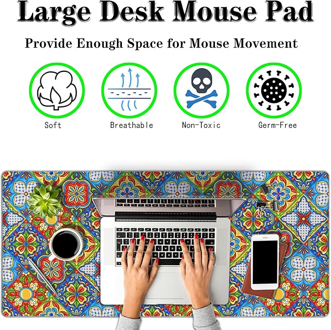Extra Large Mouse Pads Gold Pad for Mouse Gaming Mousepad Computer Mat Large Mouse Mat Non-Slip Rubber Base 35.4 X 15.7 for Game Office, Mexican Talavera Ceramic Tile Pattern