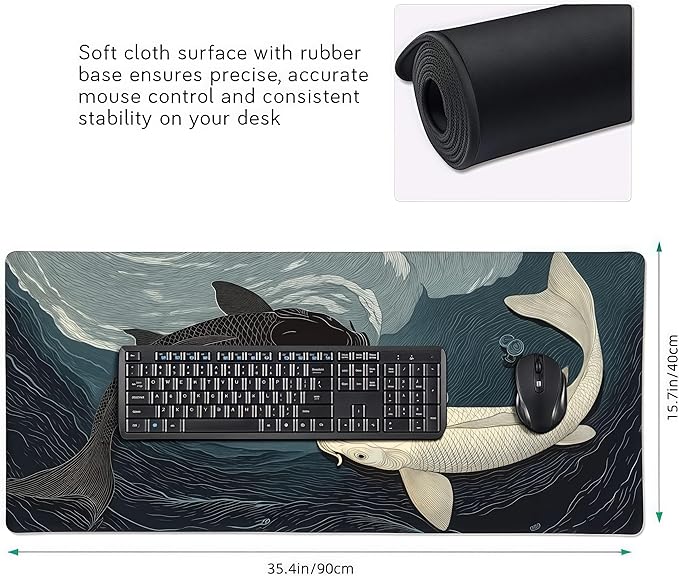 Tai Chi Koi Fish Gaming Mouse Pad, Large Desk Mat with Non-Slip Rubber Base, 35.4 x 15.7 Inches, Black and White Design for PC Gaming and Office