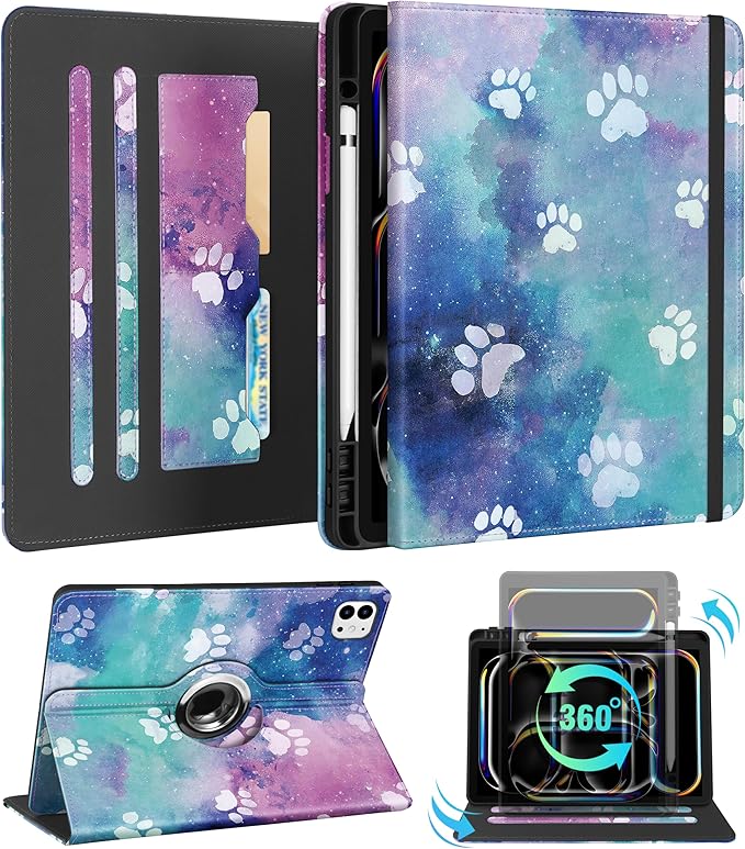 Kidcube for iPad Pro 13 Inch Case M4 2024 - Women Girls Cute Rotating Stand Folio Cover with Pencil Holder & Card Slot Kawaii Cartoon Cool Dog Design for iPad Pro 13 Inch Case 2024 (A2925 A2926 A3007)