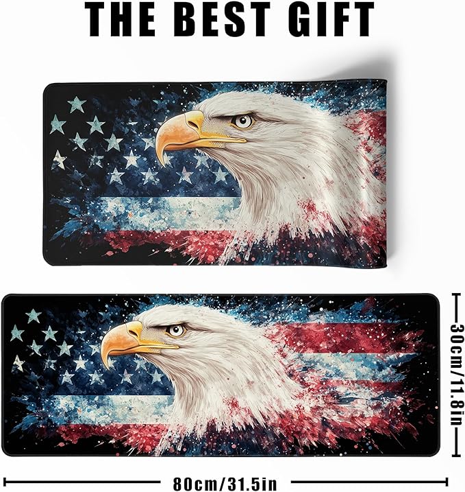 American Flag Eagle Mouse Pad Gaming Desk Pad Independence Day Extra Large XL Mousepad (31.5x11.8 in), Desk Mat Pad Home Office Decor Stitched Edges Smooth Surface Non-Slip Bottom Mat