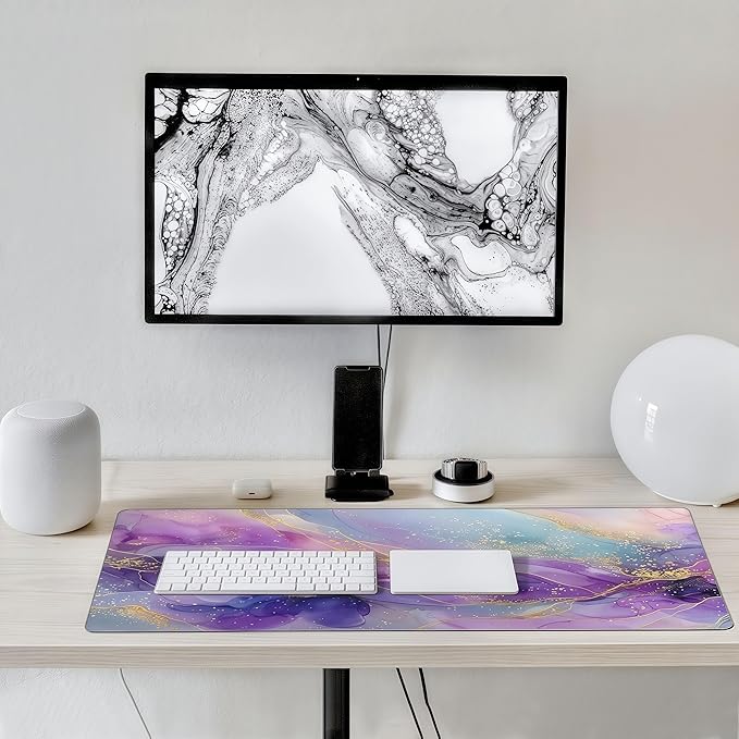 Large Mouse Pad, Purple Pink Marble Pattern with Gold Accents, 35.4 x 15.7 Inches, Rubber Base, Rectangular, Gaming