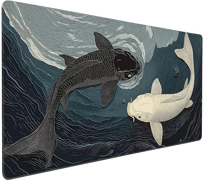 Tai Chi Koi Fish Gaming Mouse Pad, Large Desk Mat with Non-Slip Rubber Base, 35.4 x 15.7 Inches, Black and White Design for PC Gaming and Office