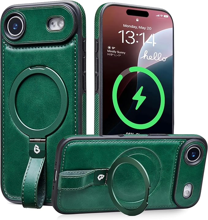 Butaiga for iPhone Air Leather Case with Stand, Anti-Slip Grip Ring, Fits for MagSafe (Green,iPhone Air)