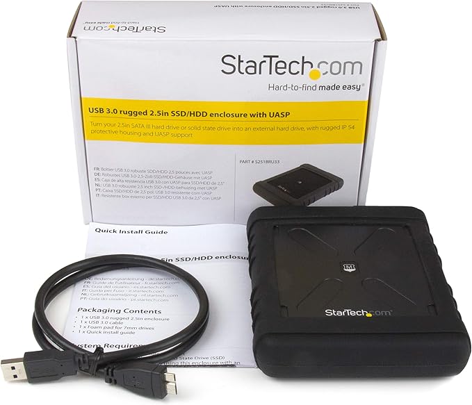 StarTech.com USB 3.0 to 2.5" SATA SSD/HDD Enclosure - UASP Enhanced External Hard Drive Enclosure - MIL-STD-810G Rated Case (S251BRU33),Black
