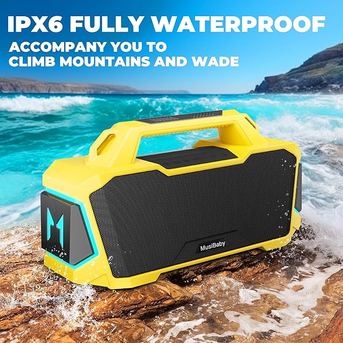 Musibaby Bluetooth Speaker,80W Portable Bluetooth Speaker with Deep Bass,Loud Stereo Sound,IPX6 Waterproof,24H+ Playtime,USB/TF/AUX,Dual Pairing Party Speaker for Outdoor,Beach,Patio (Yellow)