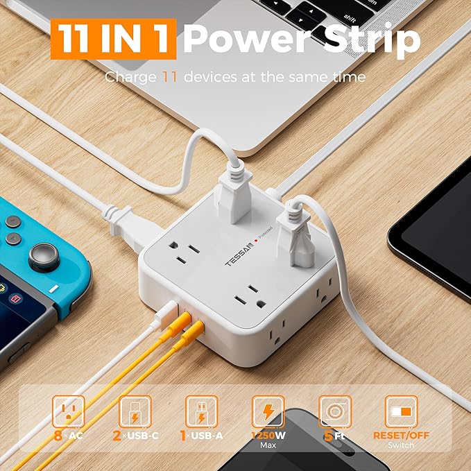 TESSAN Surge Protector Power Strip, 5 Ft Flat Plug Extension Cord with 3 USB (2 USB C) 8 Outlets, 1250W, 900J Protection, 3 Sided Outlet Extender with Power Switch for Office, Dorm Room, Grey
