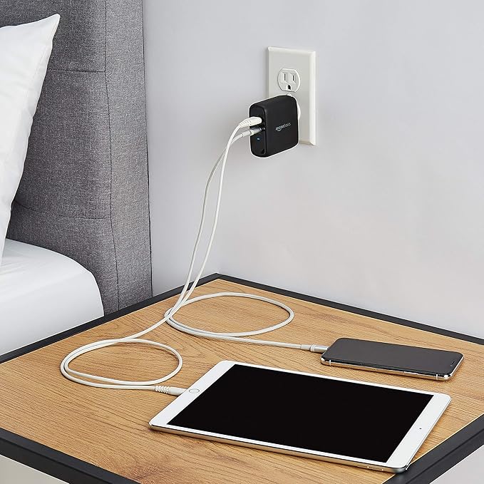 Amazon Basics 68W Two-Port GaN Wall Charger with 1 USB-C (60W) & 1 USB-A Ports (18W) with PD for Laptops, Tablets & Phones (iPhone 16/15/14/13/12/11/X, iPad, MacPro, Samsung, More), Non-PPS, Black