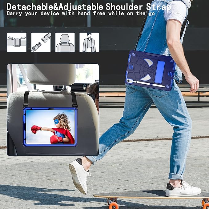 Dteck for iPad Air (3rd Generation) 2019/iPad Pro (2017 Release) Hard Shell Case 10.5" with Kickstand, Shoulder Strap/Screen Protector Film/Stylus Included, Shockproof Cute Spider Kid's Cover, Blue
