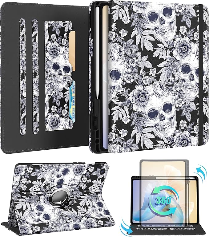 Kidcube for Samsung Galaxy Tab A9 Plus Case 11 Inch - for Women Girls Cute Rotating Stand Folio Cover with Pencil Holder & Card Slot Flowers Goth Skull Unique Design for Samsung A9 Plus Tablet Cases