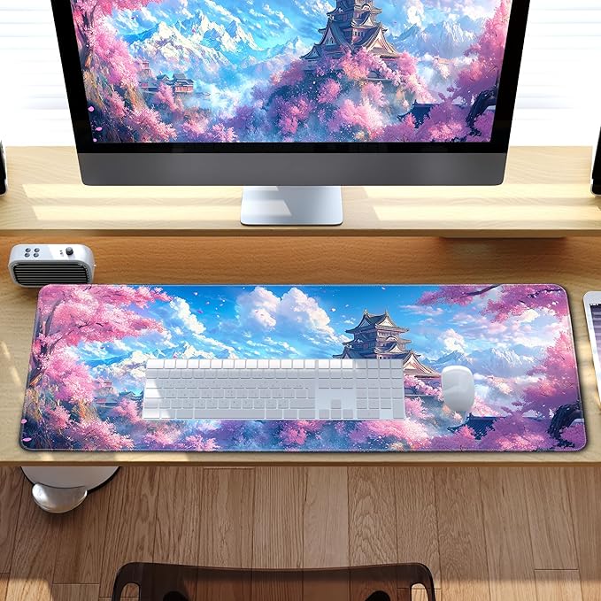 Japanese Cherry Blossom Desk Mat Anime Gaming Mouse Pad Large Desk Pad for Desk Computer Pc Laptop Office Decor, Mouse Keyboard Pad Stitched Edges Non-Slip Rubber Mat Desk Pad, 31.5x11.8 in