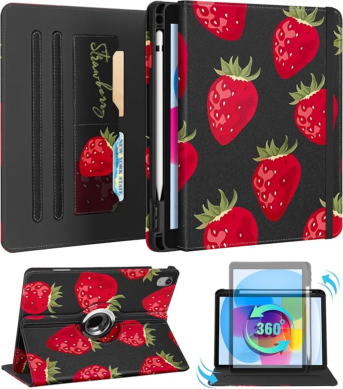 Kidcube for iPad 10th Generation Case 2022, for iPad (A16) Case 11th Generation 2025 - Women Girls Cute Rotating Stand Folio Cover with Pencil Holder & Card Slot Girly Kawaii Strawberry Design Cases