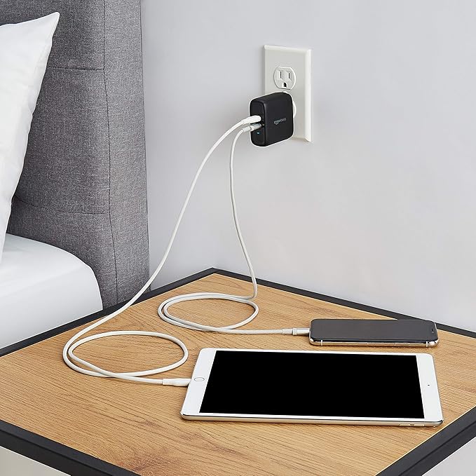 Amazon Basics 36W Dual Port USB-C Wall Charger with Power Delivery, Foldable Plug, for Tablets & Phones (iPhone 15/14/13/12/11/X, iPad, Samsung, and More), Non-PPS, 2.34 x 2.21 x 1.09 inches, Black