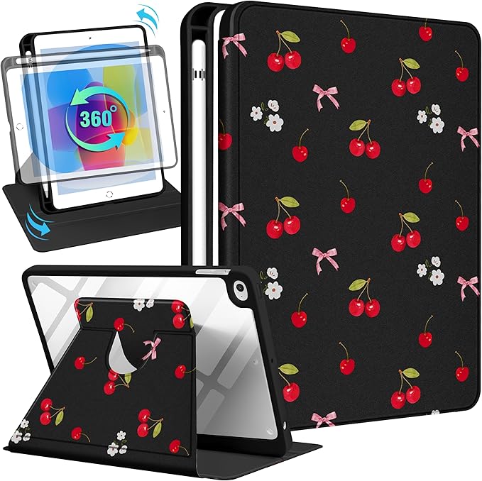 Uppuppy for iPad mini 4 Case for iPad mini 5th Generation Case - 360 Rotating Stand Folio Smart Cover with Pencil Holder for Women Girls, Cherry Bow Flowers for Apple Tablet Mini 7.9 inch 2019/2015