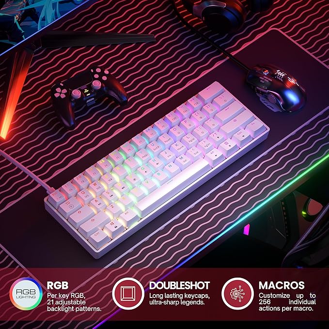 HK GAMING GK61 SE 60% | Mechanical Gaming Keyboard | 61 Keys Multi Color RGB LED Backlit for PC/Mac Gamer | US Layout (White, Mechanical Red)