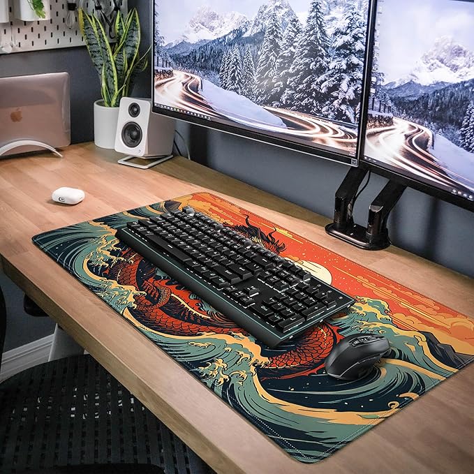 Wave Sea Dragon Gaming Mouse Pad,Anime Mouse Pad Gaming 31.5 x 11.8 in Mouse Mat Desk Pad,Extended Keyboard Pad Large Desk Mat Mousepad with Non-Slip Base and Stitched Edge for Home Office