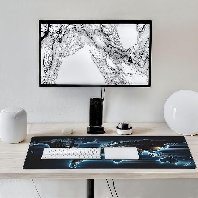 Large World Map Mouse Pad, Blue Glow in The Dark Design, Rubber Base, 35.4 x 15.7 Inches, Rectangular Desk Mat for Gaming and Office