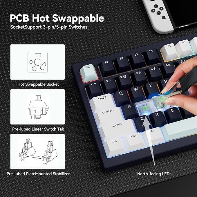 Gurjot Wireless Mechanical Keyboard with Knob,Tri-Mode BT5.0/2.4GHz/USB-C Hot Swappable Mechanical Keyboard,Pre-lubed Linear Switches,8000mAH Battery RGB Backlit Computer Gaming Keyboards