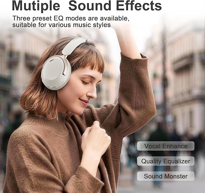 LORELEI QC30 Hybrid Active Noise Cancelling Headphones,Over-Ear Wireless Bluetooth,Beige Protein Leather, Active Noise Control & Transparency Mode,Deep Bass, Built-in Mic