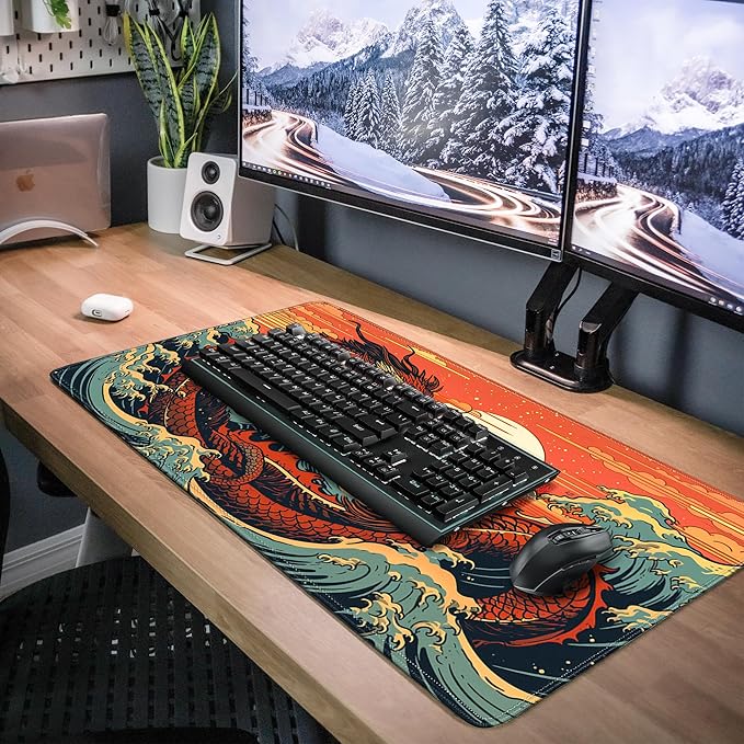 Wave Sea Dragon Gaming Mouse Pad,Anime Mouse Pad Gaming 31.5 x 15.7 in Mouse Mat Desk Pad,Extended Keyboard Pad Large Desk Mat Mousepad with Non-Slip Base and Stitched Edge for Office Home