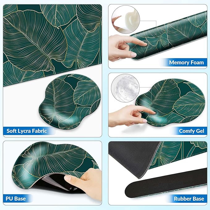 Desk Mat Set + Keyboard and Mouse Pad with Wrist Rest Support,4-in-1 Large Mousepad Computer Mats for Desktop Home & Office-Green Leaves