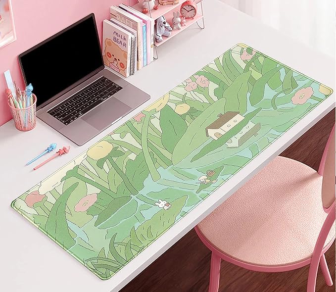 Kawaii Green Desk Mat Cute Mouse Pad Japanese, Flowers and Plants Keyboard Mat, Anime Aesthetics Large Mousepad XXL Gaming Desk Pad XL Office Home Decor for Women Girls Keyboard Pad 31.5"x15.75"