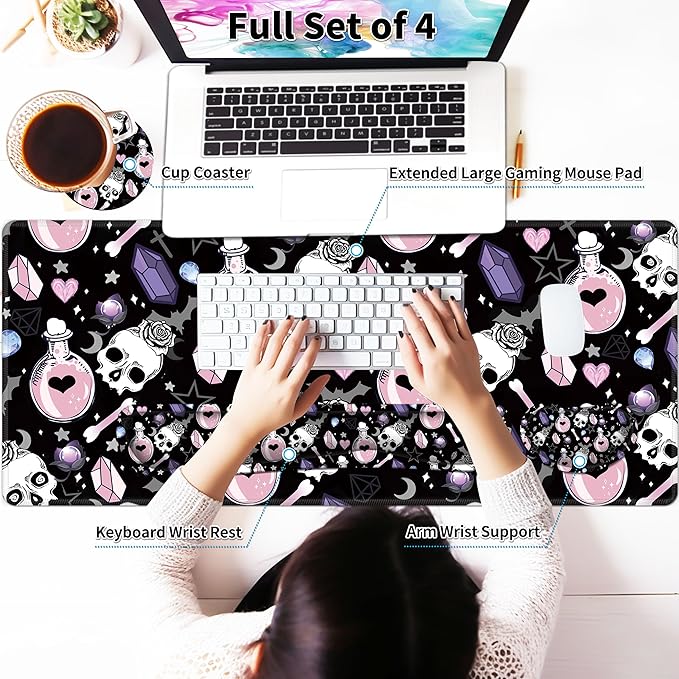 Large Gaming Mouse Pad Set 35.4 x 15.7 with Keyboard Wrist Rest, Wrist Support, and Coaster Memory Foam Smooth Desk Pad Mousepad for Home Office School - Skull Goth Magic Cute Witchy
