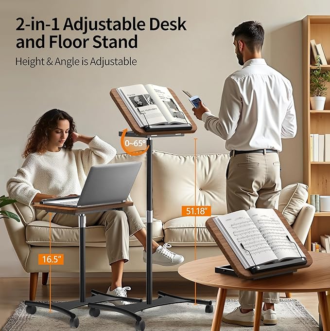NAMON Rolling Laptop Stand, 2 in 1 Dual-use Floor & Desktop, Adjustable Height from 16.5" to 51",with 4 Silent Lockable Casters, Laptop Floor Stand Perfect for Home, Office, Study (Walnut Finish)