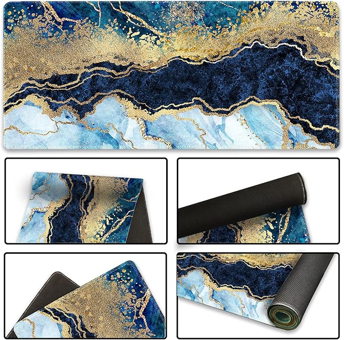 Extended Gaming Mouse Pad XXL ArtSo Large Keyboard Mat Long Mousepad Desk Decor Writing Pad Non Slip Rubber Base Stitched Edges for Work, Game, Office, Home, 35.1" x 15.7", Blue Marble