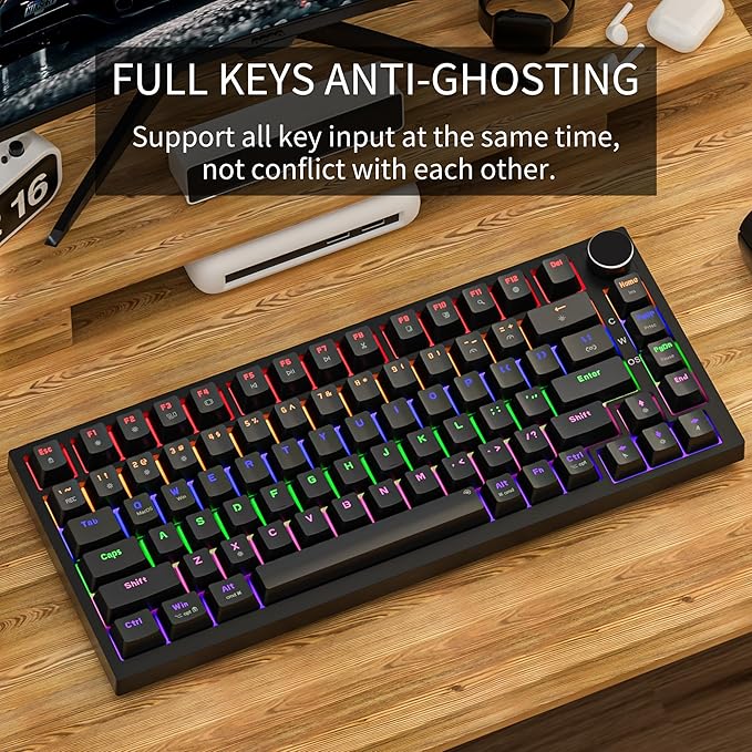 Newmen GM326 75% Percent Mechanical Keyboard,Wired Mini Backlit Hot Swappable Gaming Mechanical Keyboard with Knob,82 Keys Anti-Ghosting Compact Black Gaming Keyboards for PC Win Mac,Red Switch