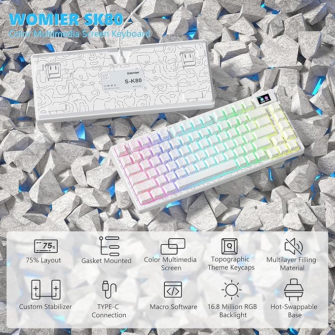 Womier SK80 75% Percent Keyboard Gaming with Color Multimedia Display Mechanical Keyboard Topographic, Hot Swappable Gasket Mount RGB Creamy Key Board Pre-lubed POM Switch for Mac/Win,White