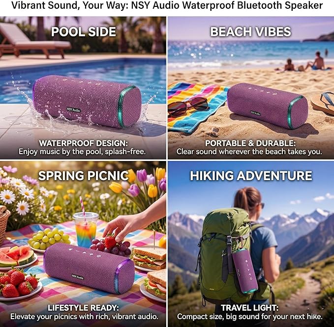 40W Bluetooth Shower Speaker, IPX7 Waterproof Floating Pool Speaker with Interactive Tap-to-Play Drum Beats, 25H Playtime, LED Lights, Built-in Mic for Hands-Free Calls in Bathroom, Purple