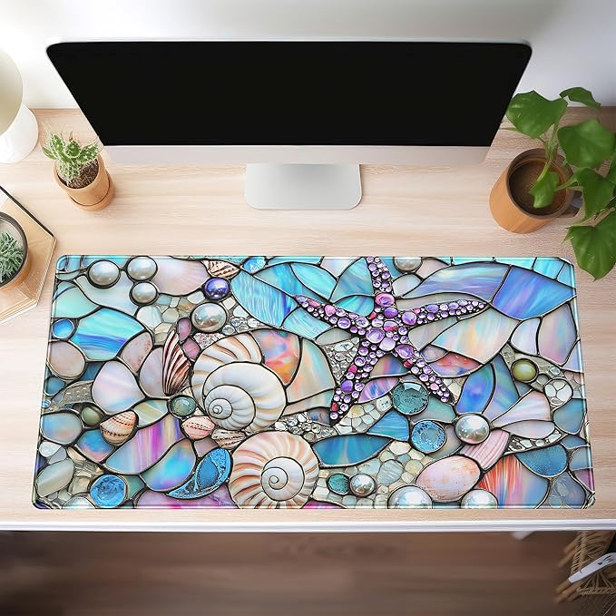 Stained Glass Desk Mat Large Mouse Pad Extended Desk Pad, Gaming Computer Mouse Mat XXL, Big Desktop Keyboard Mat, Full Desk Laptop Pad for Office Work, Ocean Desk Decor Aesthetic 31.5×15.7 Inch