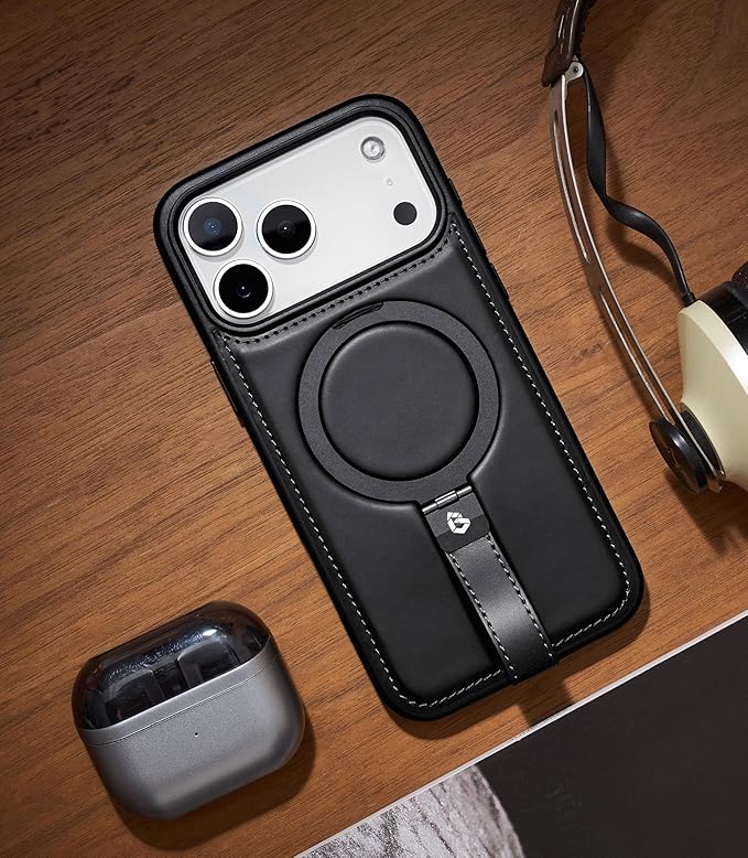 Butaiga for iPhone 17 Pro Max Leather Case with Stand, Anti-Slip Grip Ring, Fits for MagSafe (Black, iPhone 17 Pro Max)