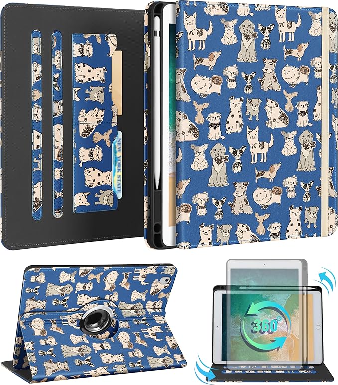 Kidcube for iPad 5th Generation Case 2017/Air 1st 2013/Pro 9.7 Inch Case 2016 - Women Girls Kids Cute Rotating Stand Folio Cover with Pencil Holder & Card Slot Kawaii Cool Dogs Unique Design Cover