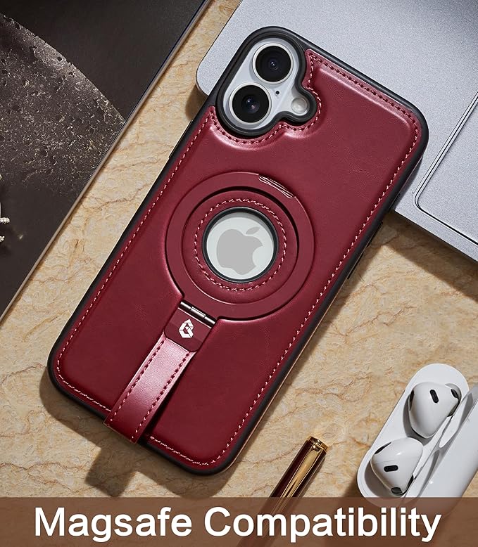 Butaiga for iPhone 16 Plus Leather Case with Stand, Anti-Slip Grip Ring, Fits for MagSafe (Burgundy, iPhone 16 Plus)