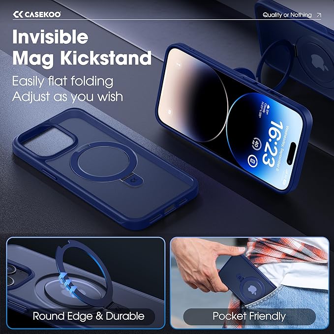 CASEKOO Designed Case for 14 Pro Max with Magnetic Invisible Stand [Military Drop Protection] [Compatible with MagSafe] Shockproof Slim Translucent Matte Promax Case 6.7 Inch, Blue