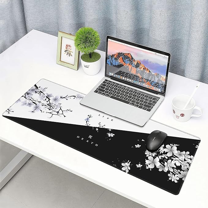 Black White Cherry Blossom Mouse Pad Japanese Sakura Death Life Flower Extended Desk Mat 80X30 cm Non-Slip Rubber Base Stitched Edge Large XL Playmat for Keyboard Gaming Laptop Desktop,31.5×11.8 Inch